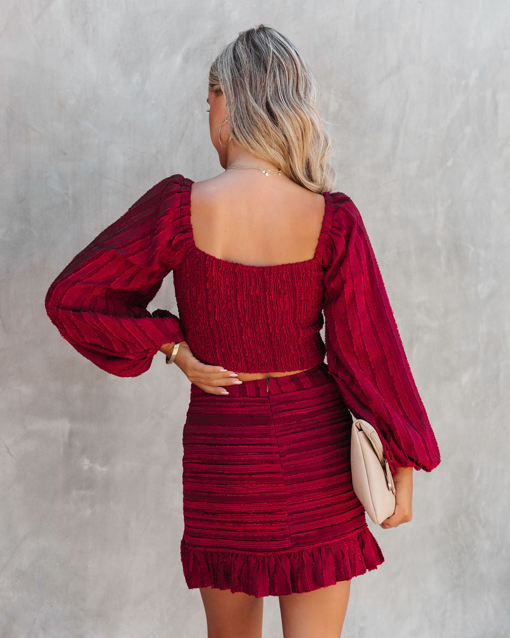 Scarlett Textured Balloon Sleeve Crop Top - Burgundy - FINAL SALE