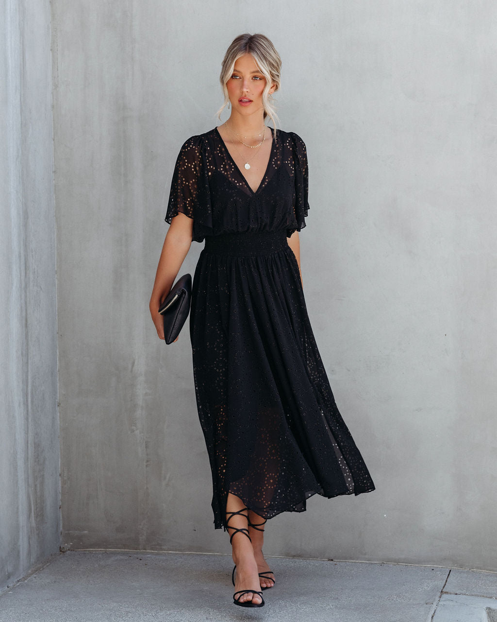 Thumbelina Metallic Eyelet Midi Dress - Black