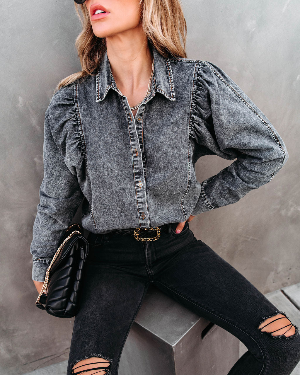Express Yourself Cotton Mineral Wash Button Down Top - Black Wash