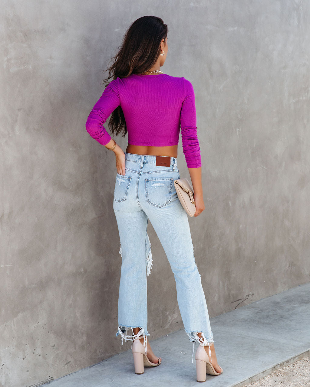 Harley Ribbed Long Sleeve Crop Top - Orchid