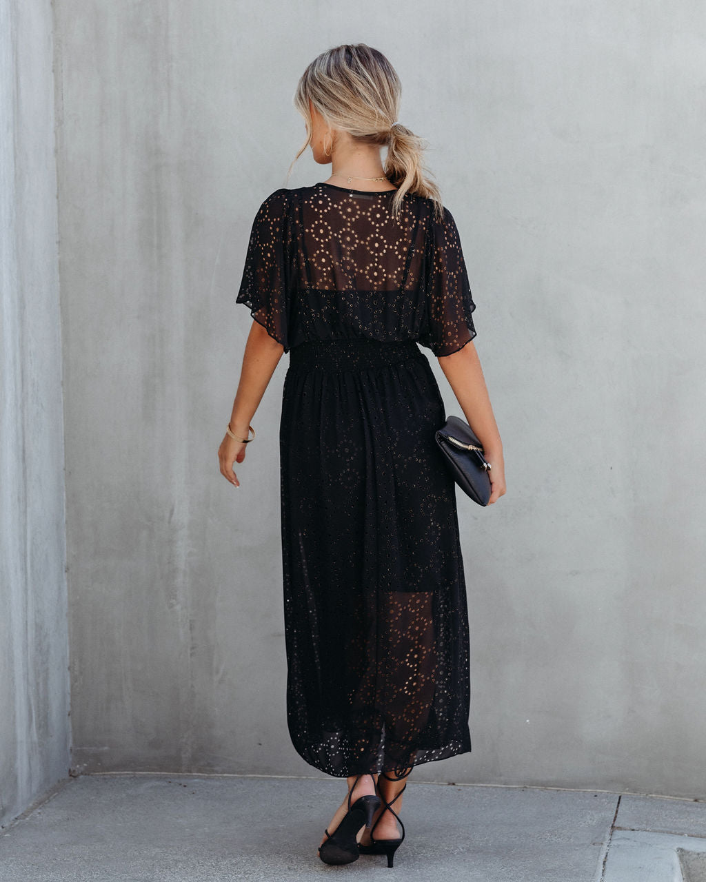 Thumbelina Metallic Eyelet Midi Dress - Black