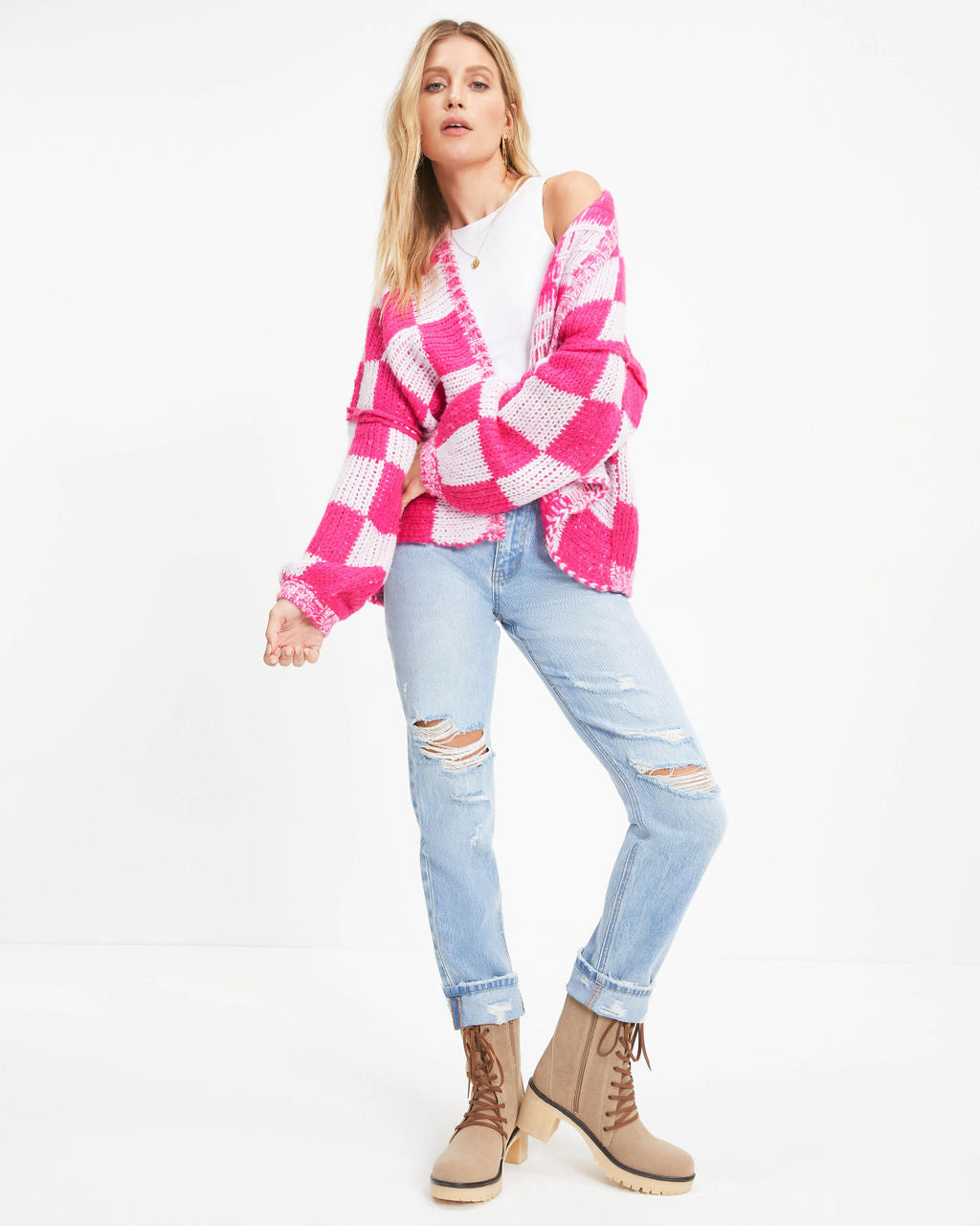 Checking All The Boxes Knit Cardigan - Fuchsia