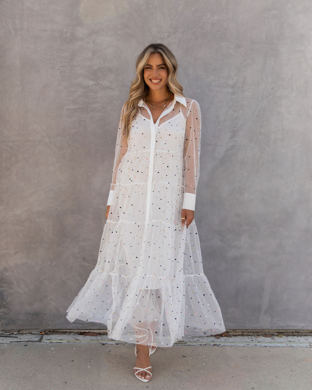 Joaquin Embroidered Mesh Tiered Maxi Dress - White - FINAL SALE