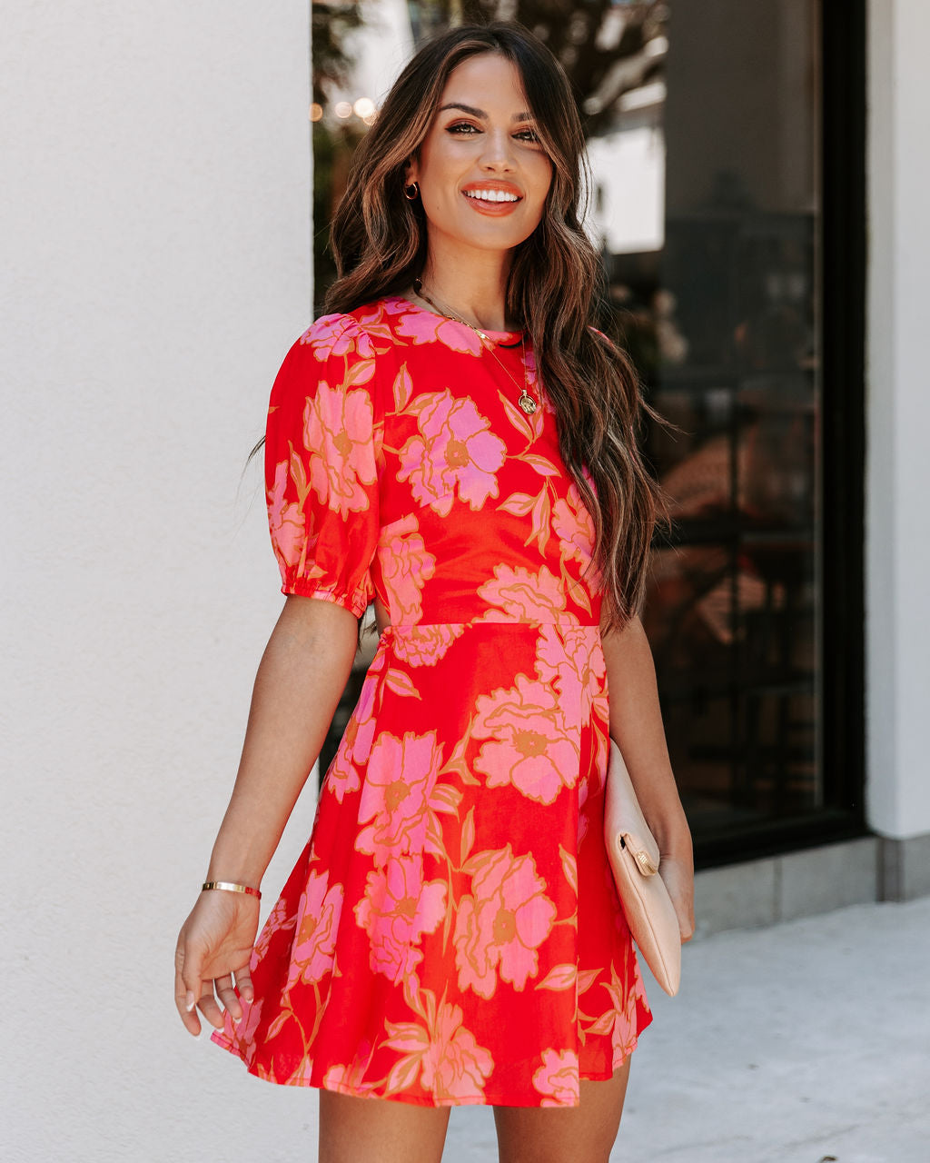 Bunny Cotton Floral Puff Sleeve Mini Dress - Red Pink - SALE