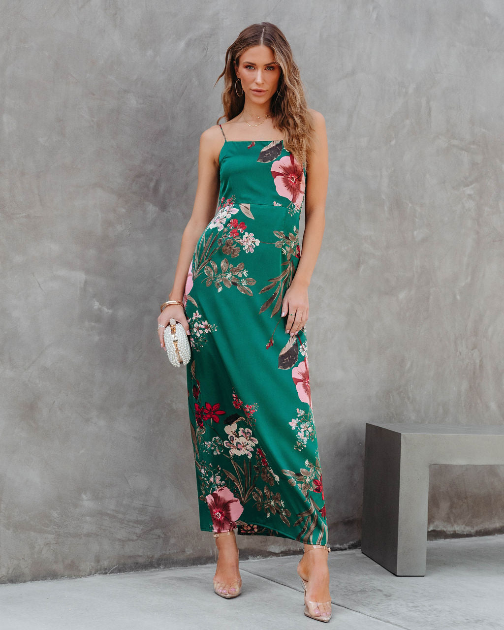 Ramona Satin Floral Maxi Dress - Green