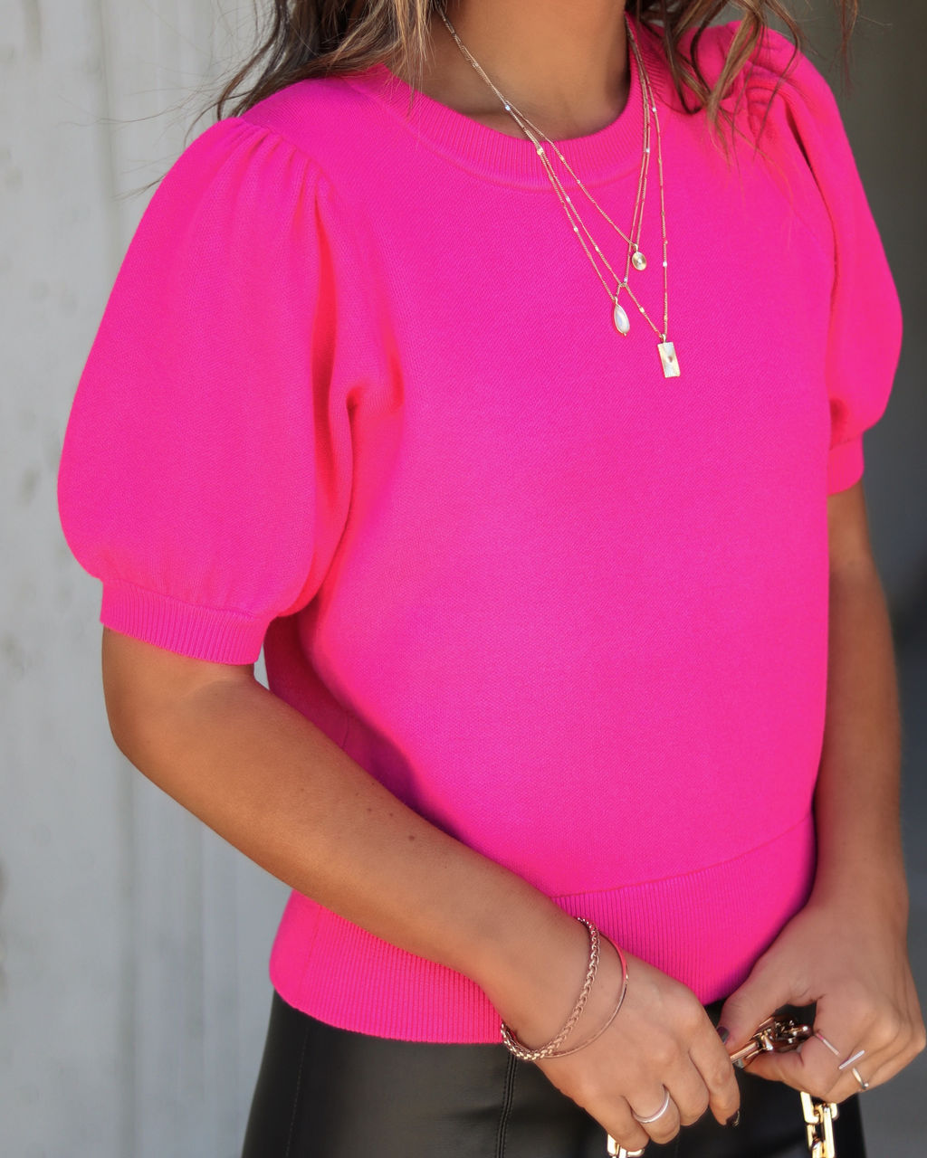Livia Puff Sleeve Knit Sweater Top - Fuchsia