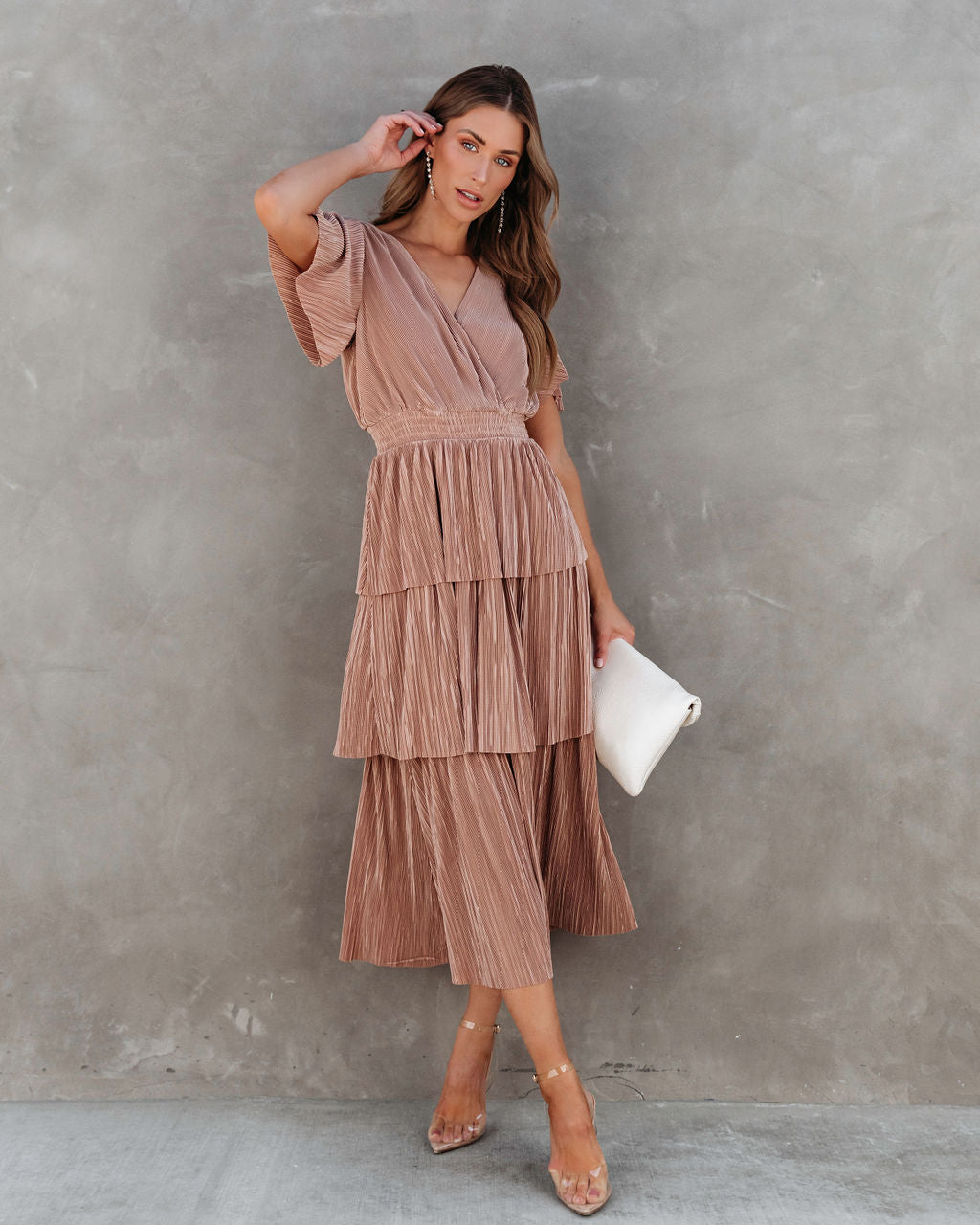 Perfect For Me Plisse Tiered Midi Dress - Mauve