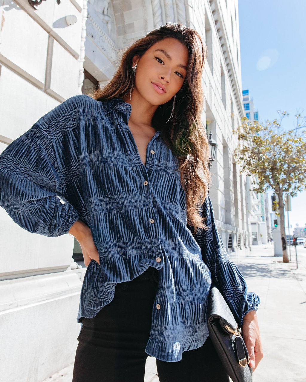 Bette Textured Velvet Button Down Top - Blue