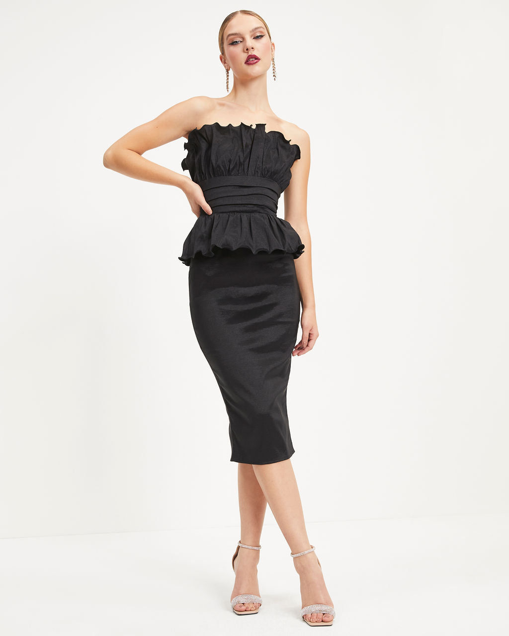 Raven Strapless Peplum Midi Dress - Black