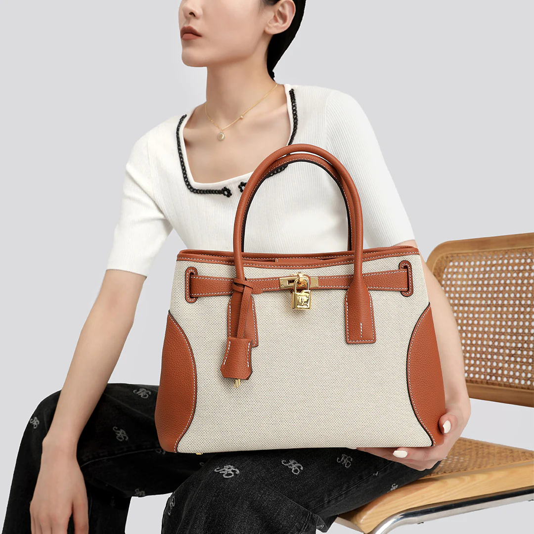 Handmade Gold Brown Canvas TOGO Leather Tote Bags